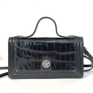 Vintage Y2K Brighton Top Handle Black Croc Embossed Leather Crossbody Organizer